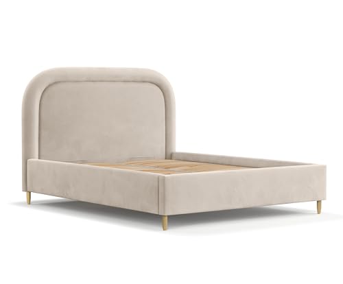 maison de reve – Bettrahmen 160 x 200 cm MIJA, Bettgestell mit Bettkasten, Bett ohne Matratze, Polsterbett mit Stauraum und Kopfteil und Holzlatten, Bett mit Holzgestell mit Samtstoff - Beige