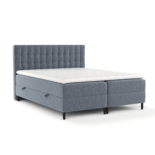 maison de reve - Boxspringbett Divine 180 x 200 cm, Bonellmatratze (Härtegrad H2, Höhe 19 cm), mit Bettkasten, PU-Topper mit Algen Bezug, Kopfteil, Webstoff, Blau Farbe