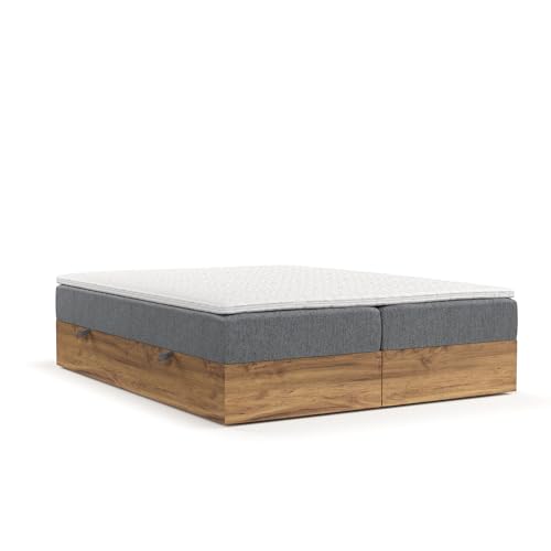 maison de reve - Boxspringbett FARO 200x200 cm, mit Bettkasten, H3 Taschen Matratze (20 cm hoch), PU-Topper mit Algae Bezug, Webstoff, Grau Farbe