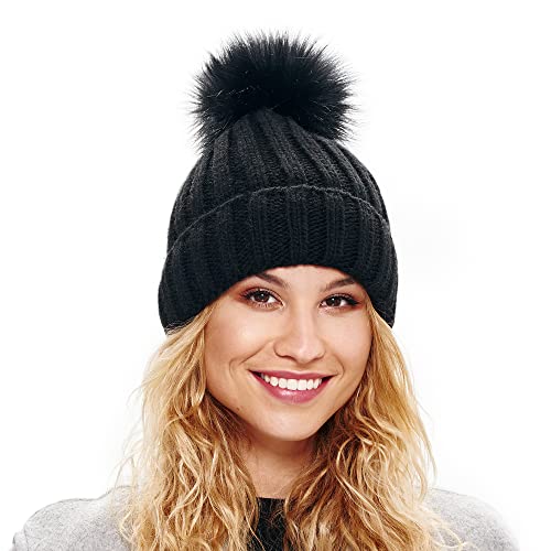 ELIMELI Damen Winter Mütze warme Strickmütze Wintermütze mit Bommel Slouch Strick Beanie Damen für Winter Bommelmütze Hergestellt in EU Farbenauswahl 14536 (Schwarz)