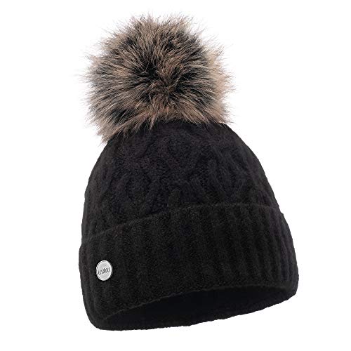 ELIMELI Damen Winter Mütze warme Strickmütze Wintermütze mit Bommel Slouch Strick Beanie Damen für Winter Bommelmütze Hergestellt in EU Farbenauswahl 19004 (Schwarz)