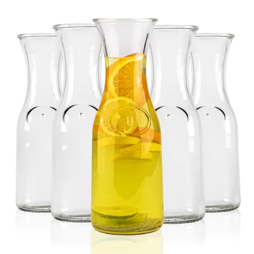 SET 5 Stück Vielseitige Wasserkaraffe – Elegante Glaskaraffe 1L - Karaffe für Wein, Wasser, Limonade und Säfte, Perfekt für Familientreffen und Partys