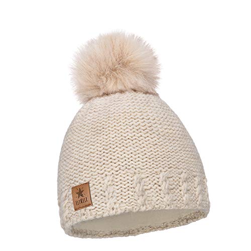 ELIMELI Kinder Mütze für Mädchen warme gestrickte Wintermütze mit Kunstfell Bommel Perfekt Beanie für Winter und Herbst 17200 (Beige)