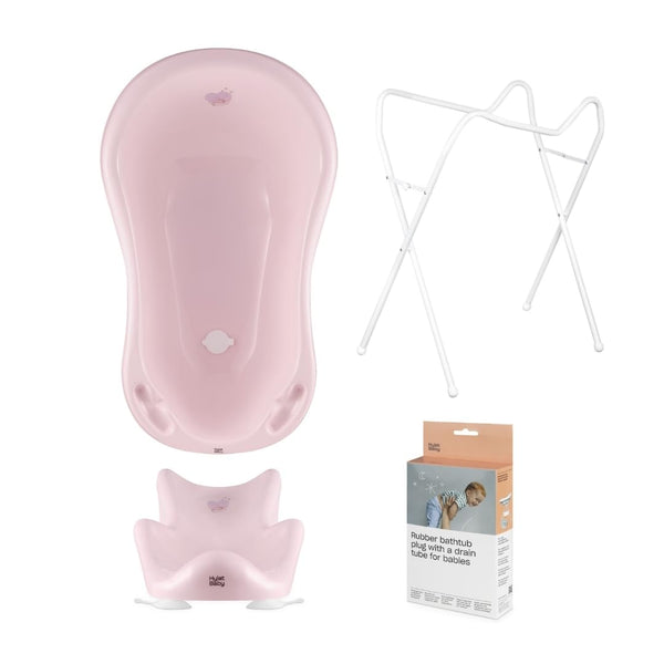 Hylat Baby Set: Baby Badewanne mit Gestell, Badesitz und Abfluss - TÜV Rheinland zertifiziert - ideale Lösung für die tolle Badeerlebnisse - Lite-Kollektion - Farbe: Rosa, Motiv: Hug Me