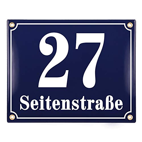 Sosenco Hausnummerschild Hausnummer mit Straßenname - 25x20 cm - Keramik Emaille - Wetterfest - Personalisiert (Blau)