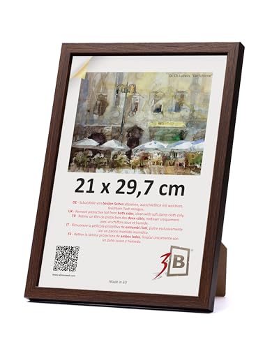 3-B Bilderrahmen MEGA - Dunkel Braun (Nussbaum mit optischer Holzmaserung) - 21x29,7 cm (A4) - Holzrahmen, Fotorahmen, Dokumentenrahmen mit Acrylglas