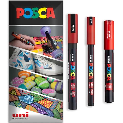 Posca Permanent-Marker auf Wasserbasis, für verschiedene Oberflächen, PC-1MR, PC-1M, PC-3M, Packung mit 3 Stiften in Brieftasche, Rot