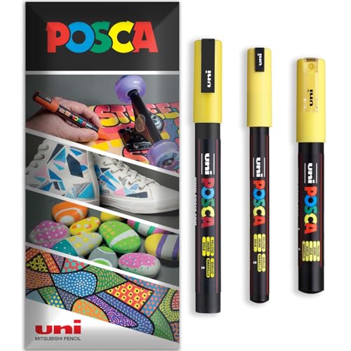 Posca Permanent-Marker auf Wasserbasis, für verschiedene Oberflächen, PC-1MR, PC-1M, PC-3M, Packung mit 3 Stiften in Brieftasche, Gelb