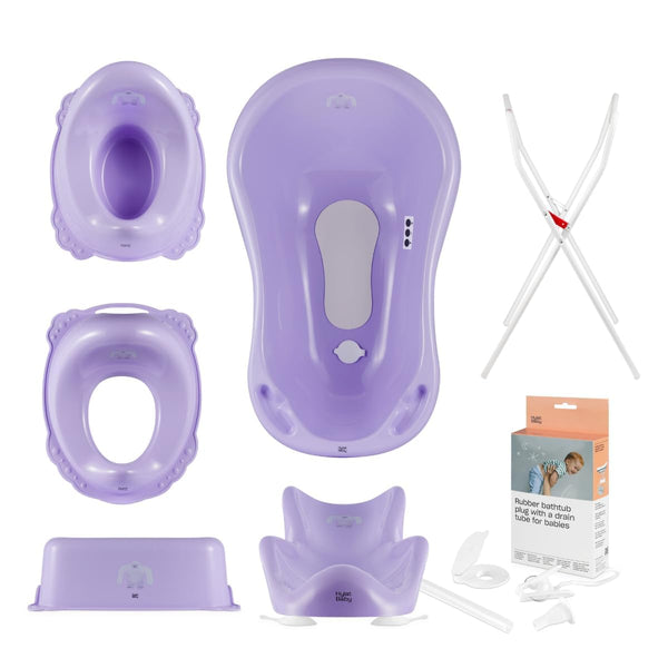 Hylat Baby Komplett-Set: Stabile Babybadewanne mit Thermometer, Ständer Badewannensitz, Ablaufschlauch, Toilettentrainer, Töpfchen, Bad-Tritthocker - stabil und bequem