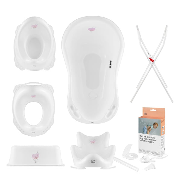 Hylat Baby Komplett-Set: Stabile Babybadewanne mit Thermometer, Ständer Badewannensitz, Ablaufschlauch, Toilettentrainer, Töpfchen, Bad-Tritthocker - stabil und bequem