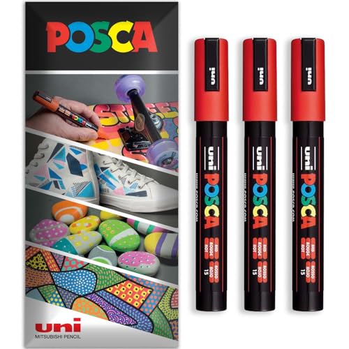 Posca Permanent-Marker auf Wasserbasis, für verschiedene Oberflächen, PC-5M, Packung mit 3 Stiften in Brieftasche, Rot