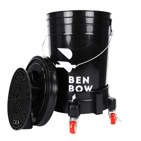 BenBow Premium Set: Wascheimer 20 Liter Schwarz, passender Eimerdeckel, Schmutzsieb und Eimerwagen - Langlebig und vielseitig, perfekt für die professionelle Autowäsche