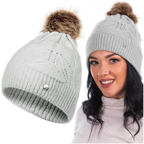 HEYO Damen Mütze für Winter, Beanie Kuschelig, Warme Strickmütze mit Blättermuster HZ0014 (DE/NL/SE/PL, Alphanumerisch, Einheitsgröße, Grau)