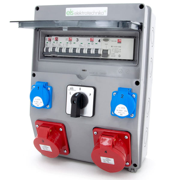 ELS Elektrotechnika Baustromverteiler Wandverteiler 2x230V Schuko + 2xLS-Schutzschalter, 1xCEE 16A + LS, 1xCEE 32A + LS, Fehlerstromschutzschalter FI 40/4/0.03A, Nockenschalter L-0-P, Anschlussfertig