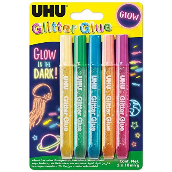 UHU Glitter Glue Glow in the Dark, Klebstoff mit Glitzerpartikel und "Glow in the Dark" Effekt (leuchtet im Dunkeln), 5 x 10 ml