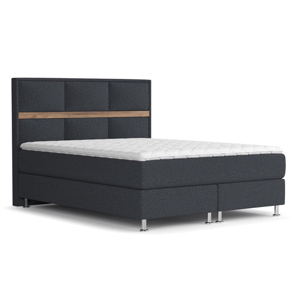 maison de reve - Boxspringbett 160 x 200 cm SOTO, Bett mit integrierted Bonellmatratze, obere Taschenmatratze (21 cm hoch), Polsterbett mit Latex-Topper und Kopfteil, Chenille-Stoff- Schwarz