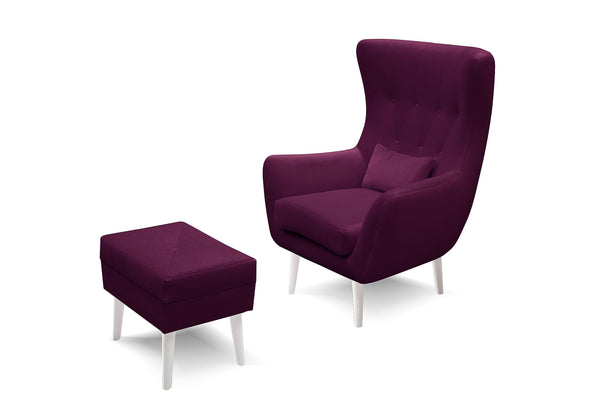 Robin Inspire Sessel 82 x 90 x 112 cm Ohrensessel mit Hocker 82 x 36 x 50 cm für Wohnzimmer Polstersessel Relaxsessel mit Fußhocker Sitzhocker Fernsehsessel Modern Rotwein Füße Weiß