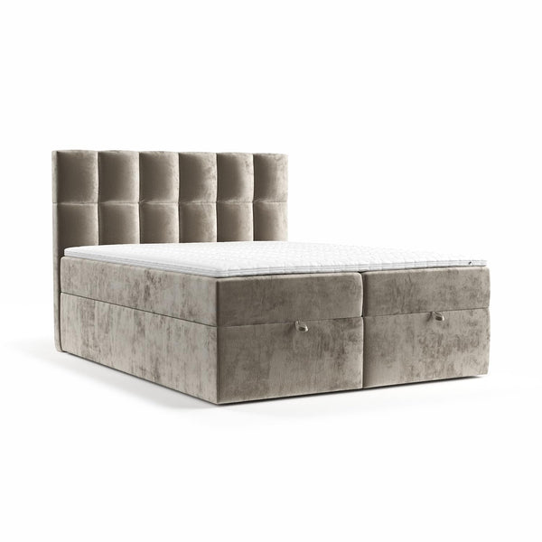 maison de reve - Boxspringbett Essence 140x200 cm, mit Bettkasten, H3 Taschen Matratze (20 cm hoch), Polsterbett mit PU-Topper mit Algae Bezug, Dunkelbeige Farbe