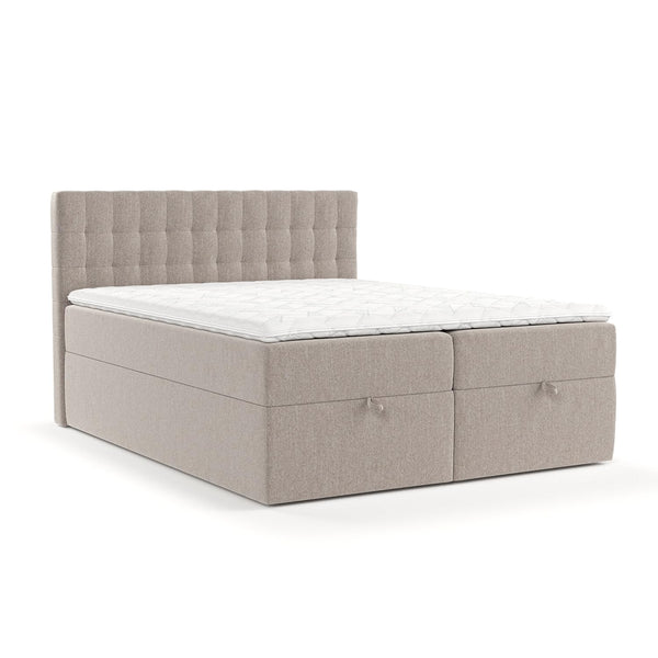 maison de reve - Boxspringbett Ampio 140 x 200 cm, mit Bettkasten, H3 Bonellmatratze (20 cm hoch), PU-Topper mit Algae Bezug und Kopfteil, Webstoff, Hellbraun Farbe