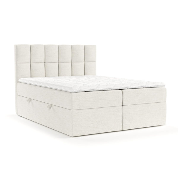 maison de reve - Boxspringbett Ammira 160 x 200 cm, mit Bettkasten, H3 Taschenmatratze (20 cm hoch), PU-Topper mit Algae Bezug und Kopfteil, Webstoff, Creme Farbe