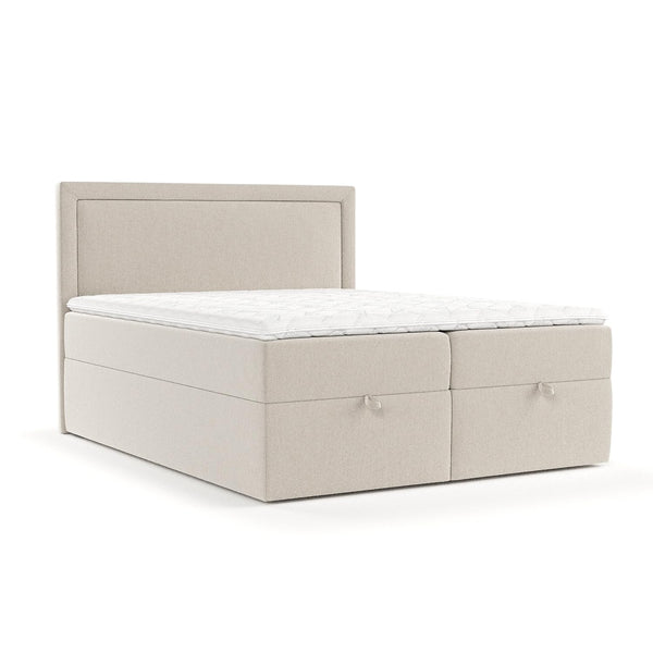 maison de reve - Boxspringbett Pao 140 x 200 cm, mit Bettkasten, H3 Taschenmatratze (20 cm hoch), PU-Topper mit Algae Bezug, Kopfteil, Webstoff, Beige Farbe