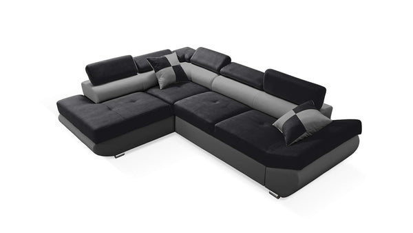 Robin Saturn Ecksofa mit Schlaffunktion Bettkasten 5 Verstellbare Kopfstützen 2 Kissen Sofa L-Form Schlafsofa Freistehende Eckcouch Schlafcouch Wohnzimmermöbel Wohnlandschaft Links Schwarz Grau