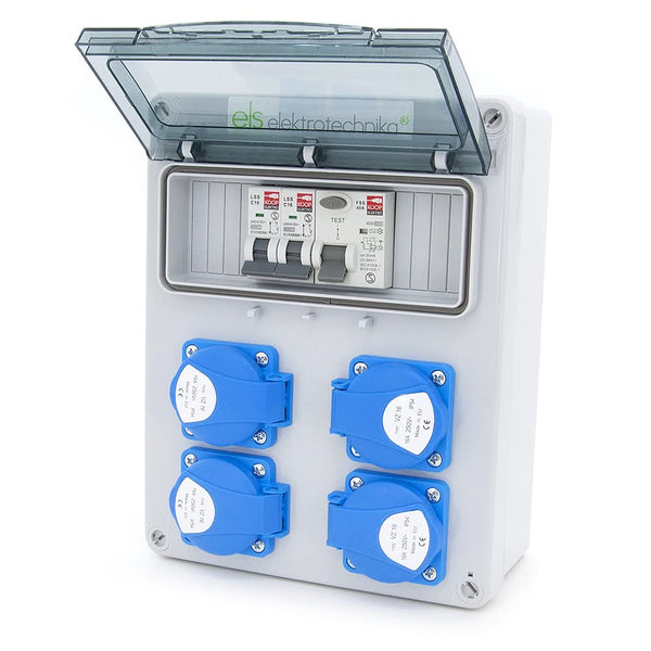 ELS Elektrotechnika Baustromverteiler Wandverteiler Verteiler Schuko 4x230V + Sicherungen 2x LS C16 + Fehlerstromschalter FI 40/2/0.03A, für In-/Outdoor-Bereich, IP54 Verdrahtet, Anschlussfertig