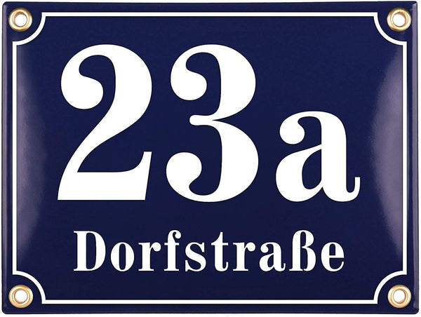 Sosenco Hausnummerschild Hausnummer mit Straßenname - 20x15 cm - Keramik Emaille - Wetterfest - Personalisiert - Blau