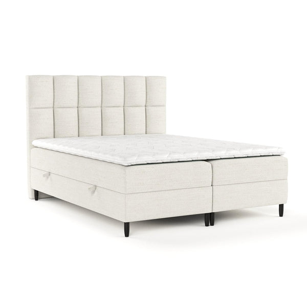 maison de reve - Boxspringbett Anabelle 180 x 200 cm, mit Bettkasten, H3 Taschenmatratze (19 cm hoch), PU-Topper mit Algae Bezug und Kopfteil, Webstoff, Creme Farbe