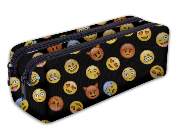 Mäppchen Federtasche Schlamperbox Federmäppchen Schüleretui Stiftemappe mit zwei Reißverschlüssen Emoji Schwarz [107]