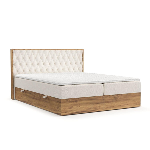 maison de reve - Boxspringbett Ukiyo 140x200 cm, mit Bettkasten, H3 Taschen Matratze (20 cm hoch), Kopfteil, PU-Topper mit Algae Bezug, Chenille-Stoff, Creme Farbe