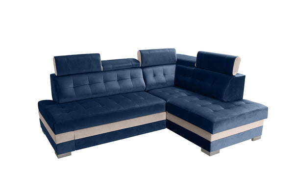 Robin Paris Ecksofa mit Schlaffunktion Bettkasten 5 Verstellbare Kopfstützen Sofa L-Form Schlafsofa Freistehende Eckcouch Schlafcouch Wohnzimmermöbel Wohnlandschaft Rechts Blau Creme