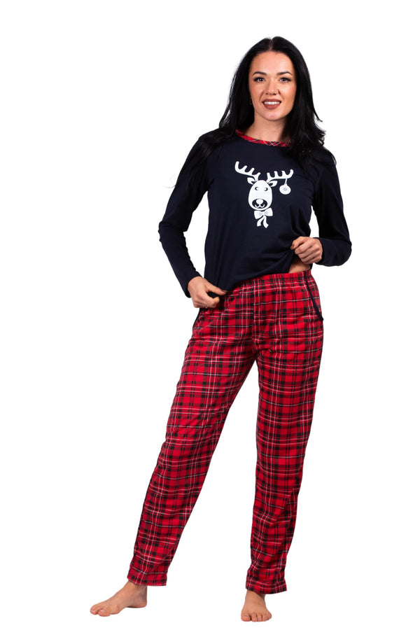 HEYO Schlafanzug Damen Lang Pyjama 100% Baumwolle Zweiteiliges Set Langarm Shirt Lange Karierte Pyjamahose Weihnachtspyjama (DE/NL/SE/PL, Alphanumerisch, S, Regular, Regular, Standard, X-Mas)