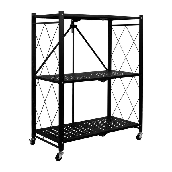 QUVIO Rollender Küchenwagen 3 Ebenen Faltbarer Wagen Platzsparender Servierwagen Servierwagen Küchenwagen auf Rädern, Metallregal auf Rädern, Schwarz 34 x 71 x 86 cm