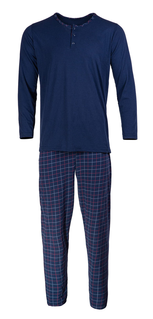 HEYO Schlafanzug Herren Lang Pyjama 100% Baumwolle Zweiteiliges Set Langarm Shirt Lange Karierte Pyjamahose (as3, Alpha, l, Regular, Regular, Standard, Dunkelblau, L)