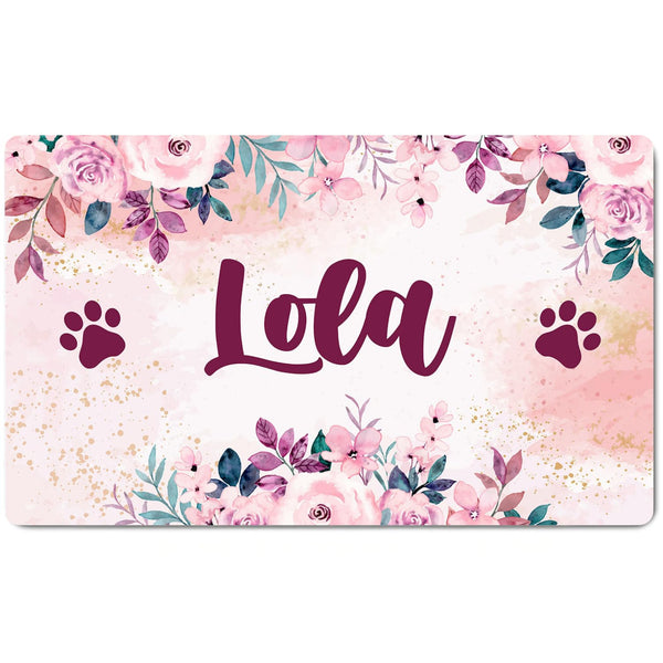 Ferocity Personalisierte Napfunterlage mit Namen | Fressnapf Matte für Hunde und Katzen | Größe 45 x 75 cm | 4 mm Gummierte Unterlage & Schuhmatte | Haustier Motiv | Farbe Flowers [140]