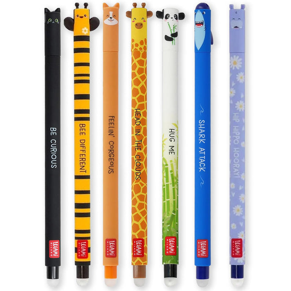 Legami Set mit 7 radierbaren Gelstiften mit thermoempfindlicher Radiertinte, verschiedene Tintenfarben und Schaftdesigns, 0,7 mm Spitze, Designs: Katze, Biene, Corgi, Giraffe, Panda, Hai, Nilpferd