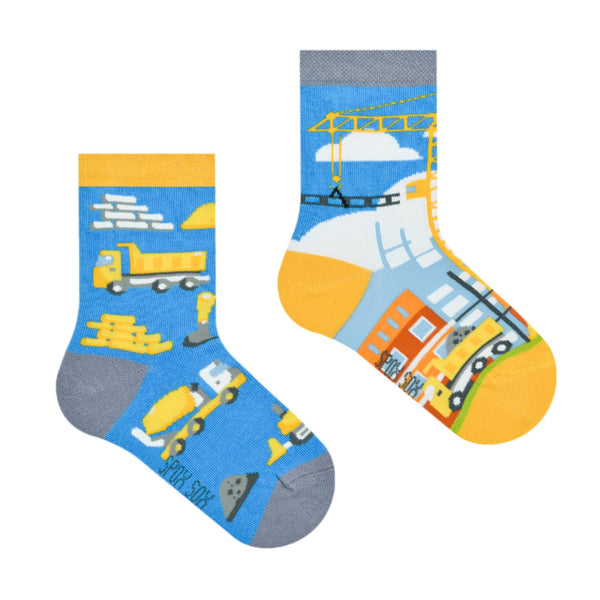 Spox Sox Casual Unisex für Kinder - lustige, mehrfarbige, bunte, verrückte, unterschiedliche gemusterte Socken für Individualisten, Gr. 27-30, Baustelle