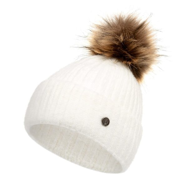 HEYO Damen Mütze flauschig Warme Wintermütze mit Kunstfellbommel Basic Beanie Rippenmuster H24513 (DE/NL/SE/PL, Alphanumerisch, Einheitsgröße, Ecru)