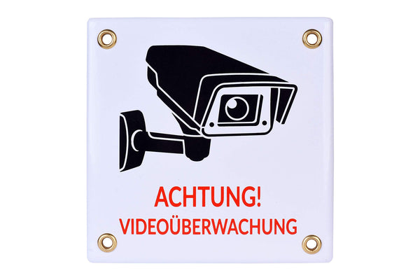 Sosenco Achtung VIDEOÜBERWACHUNG Schild 12x12 cm | wetterfest Emailschild | Kameraüberwachung – Überwachungskamera – Alarmanlage – Keramik Emailleschild - Warnschild.