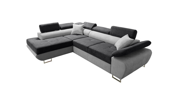 Robin Saturn Premium Ecksofa Schlaffunktion Bettkasten Verstellbare Kopfstützen Kissen Sofa L-Form Schlafsofa Freistehende Eckcouch Schlafcouch Wohnzimmermöbel Wohnlandschaft Links Schwarz Silber