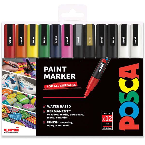 POSCA Uni PC-3M Paint Pen Art Marker Pen - Professional 12 Pen Set - Extra Black + White