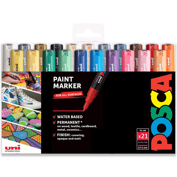 Posca PC-1M Permanent-Marker auf Wasserbasis, Stifte, komplettes Set mit 21 Farben, in Geschenkverpackung