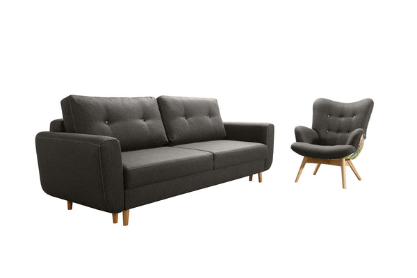 Robin Sydney Möbel-Set Sofa und Sessel Schlaffunktion Bettkasten Kissen Schlafsofa Freistehende Eckcouch Schlafcouch Wohnzimmermöbel-Set Wohnlandschaft Holzfüße Dunkelgrau