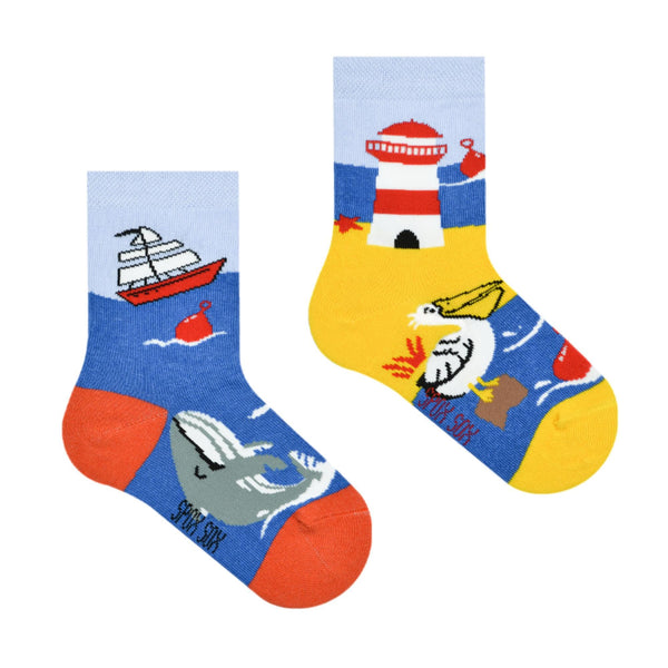 Spox Sox Casual Unisex für Kinder - lustige, mehrfarbige, bunte, verrückte, unterschiedliche gemusterte Socken für Individualisten, Gr. 23-26, Meer und Seeufer