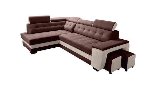 Robin Grand Ecksofa mit Schlaffunktion Bettkasten Kopfstützen Relaxfunktion 2 Hocker Sofa L-Form Schlafsofa Freistehende Eckcouch Schlafcouch Wohnzimmermöbel Wohnlandschaft Links Braun Creme