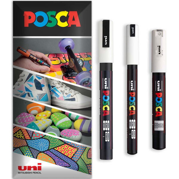 Posca Permanent-Marker auf Wasserbasis, für verschiedene Oberflächen, PC-1MR, PC-1M, PC-3M, Packung mit 3 Stiften in Brieftasche, Weiß