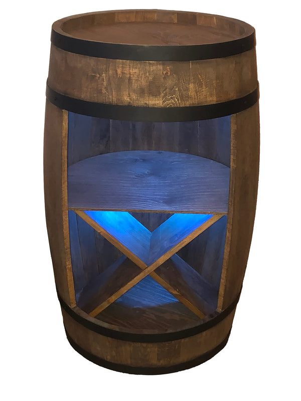 Fassbar mit Fachböden und Weinregale + LED Beleuchtung - Holzfass - Fassregal Getränkeschrank/Bar Wine Rack Holzregal. Aufbewahrungsschrank. Fass deko für Wein, Whisky Bier Gläser und Flaschen