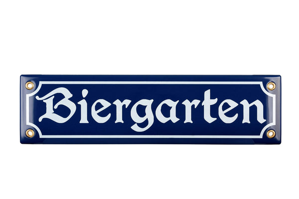 Sosenco Biergarten Schild - 8x30 cm - Keramik Emaille - Wetterfest - Oktoberfest Schild – Deko Blechschild – Oktoberfest - Emailleschild – Emailschild (Blau)