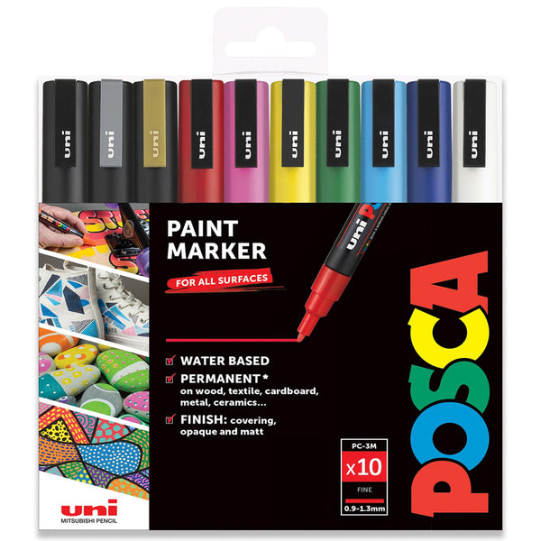 Posca PC-3M Paint Marker Kunststifte - 0,9-1,3 mm - 10 Stück - Essential Set in Brieftaschen-Verpackung, mehrfarbig